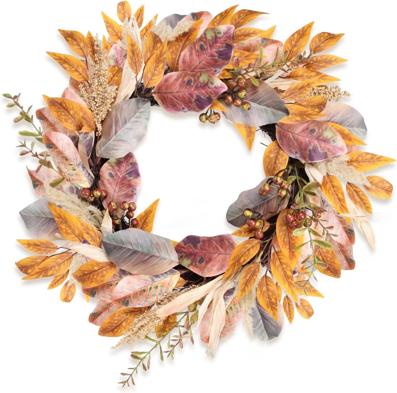 Fall Wreath for Front Door - 22" Autumn Harvest Wreaths Artificial Farmhouse Wreath(Leaves)1"D x 1"W x 1"H